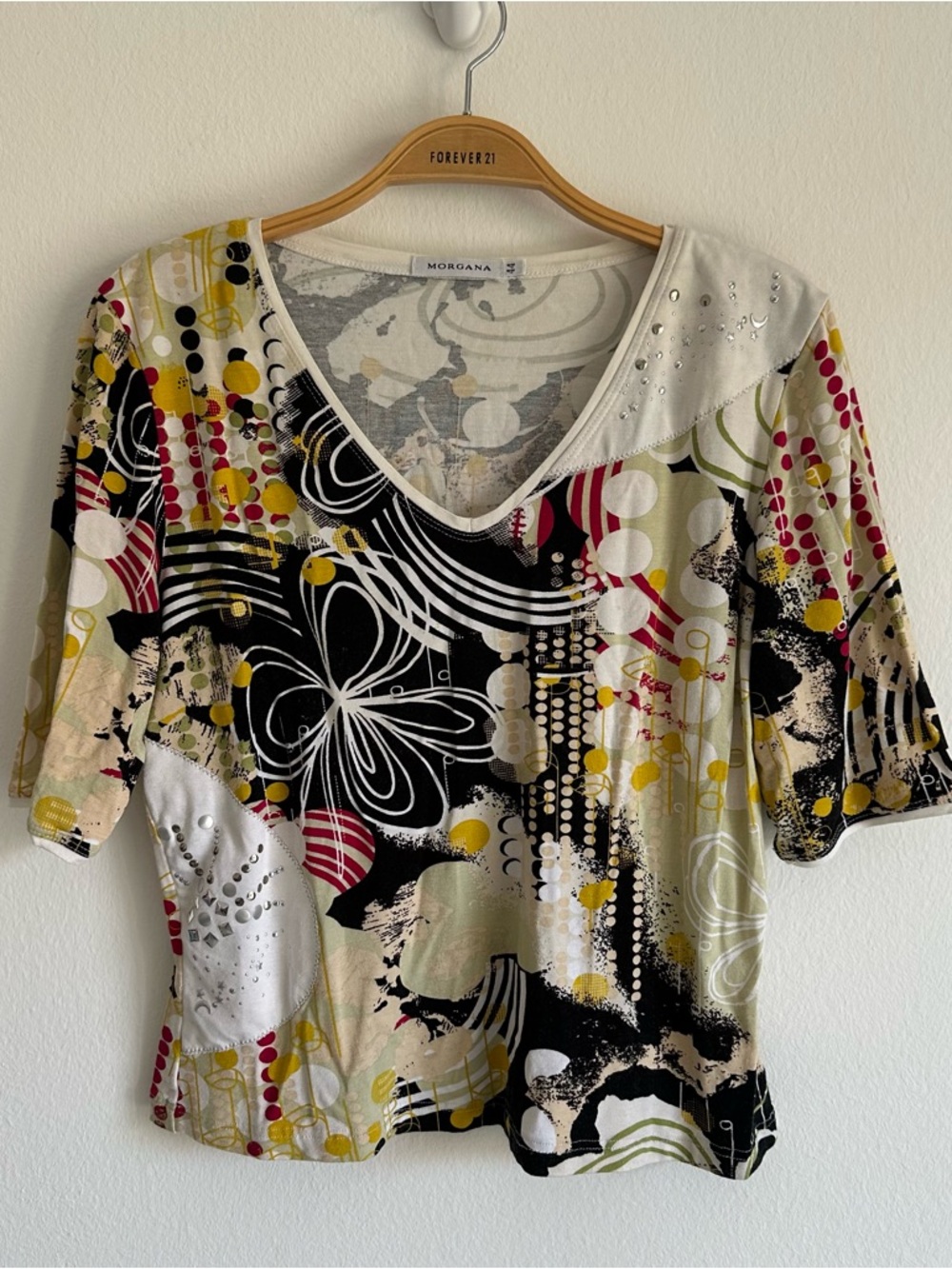 Vintage Morgana Y2K Top Shirt Beaded Abstract White Green Fairy Whimsigoth